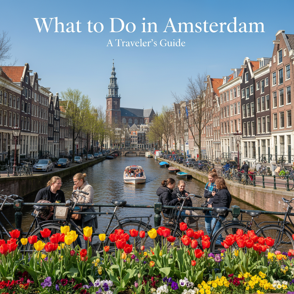 Vibrant Amsterdam canal scene with tulips, bikes, young travelers, and iconic Dutch houses.