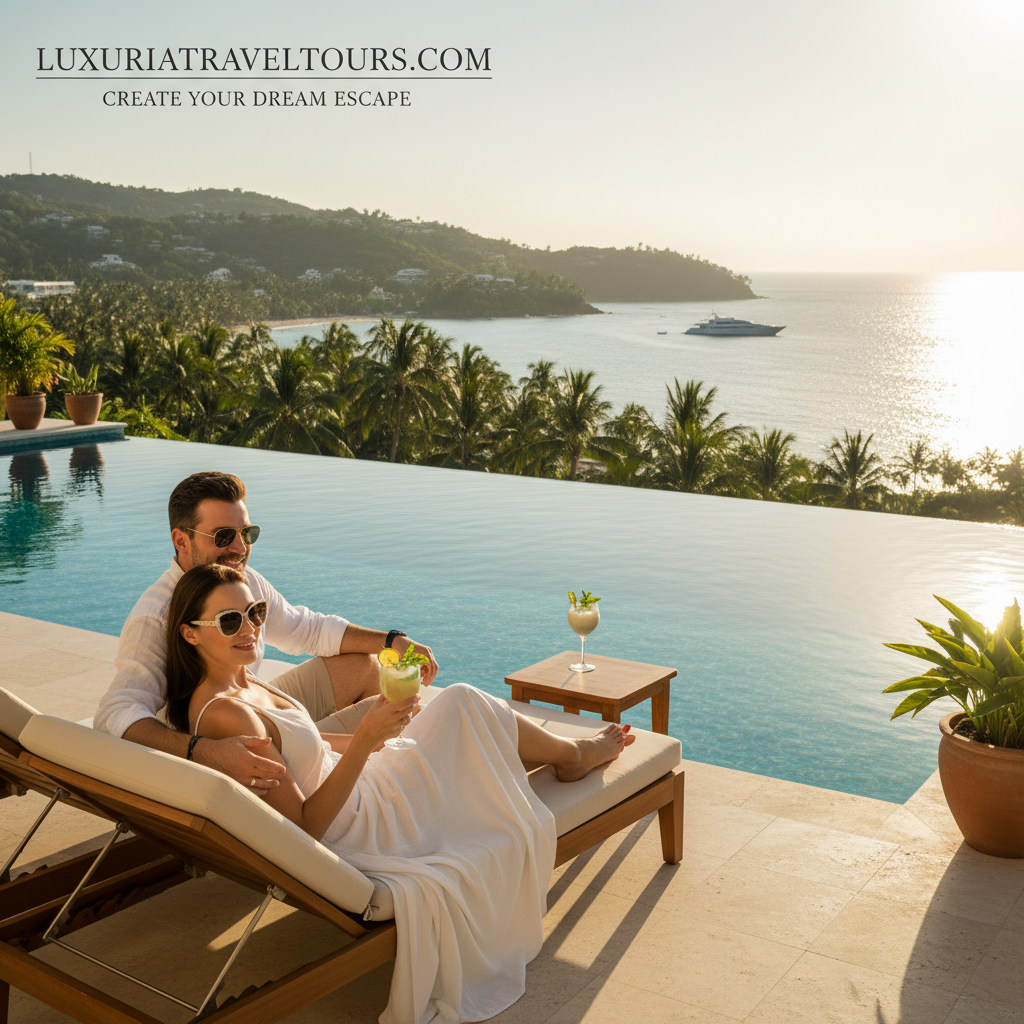 alt_text Elegant couple unwinds by an infinity pool with ocean views, palm trees, and a yacht at sunset.