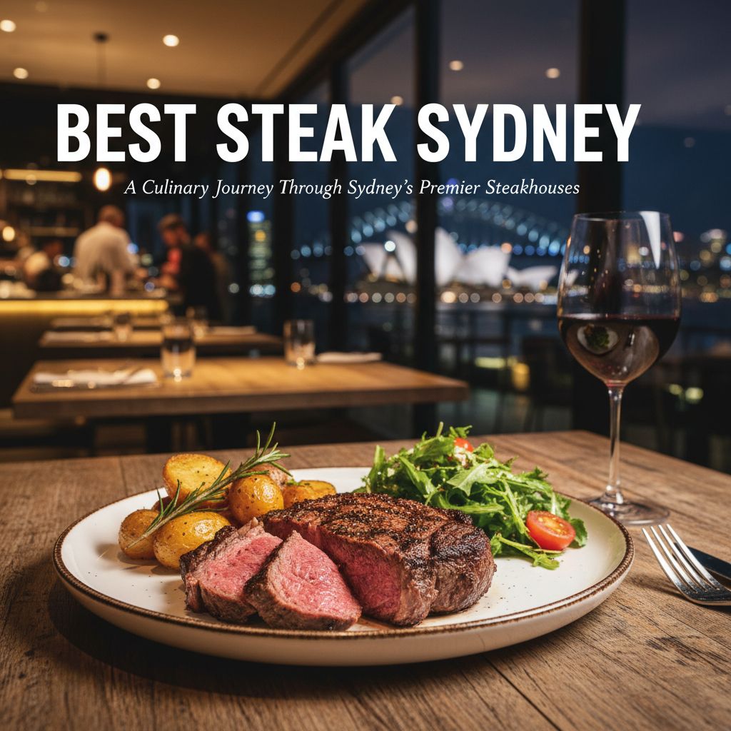 alt_text Juicy sliced steak with gourmet sides, red wine, and Sydney skyline in a stylish, upscale setting.