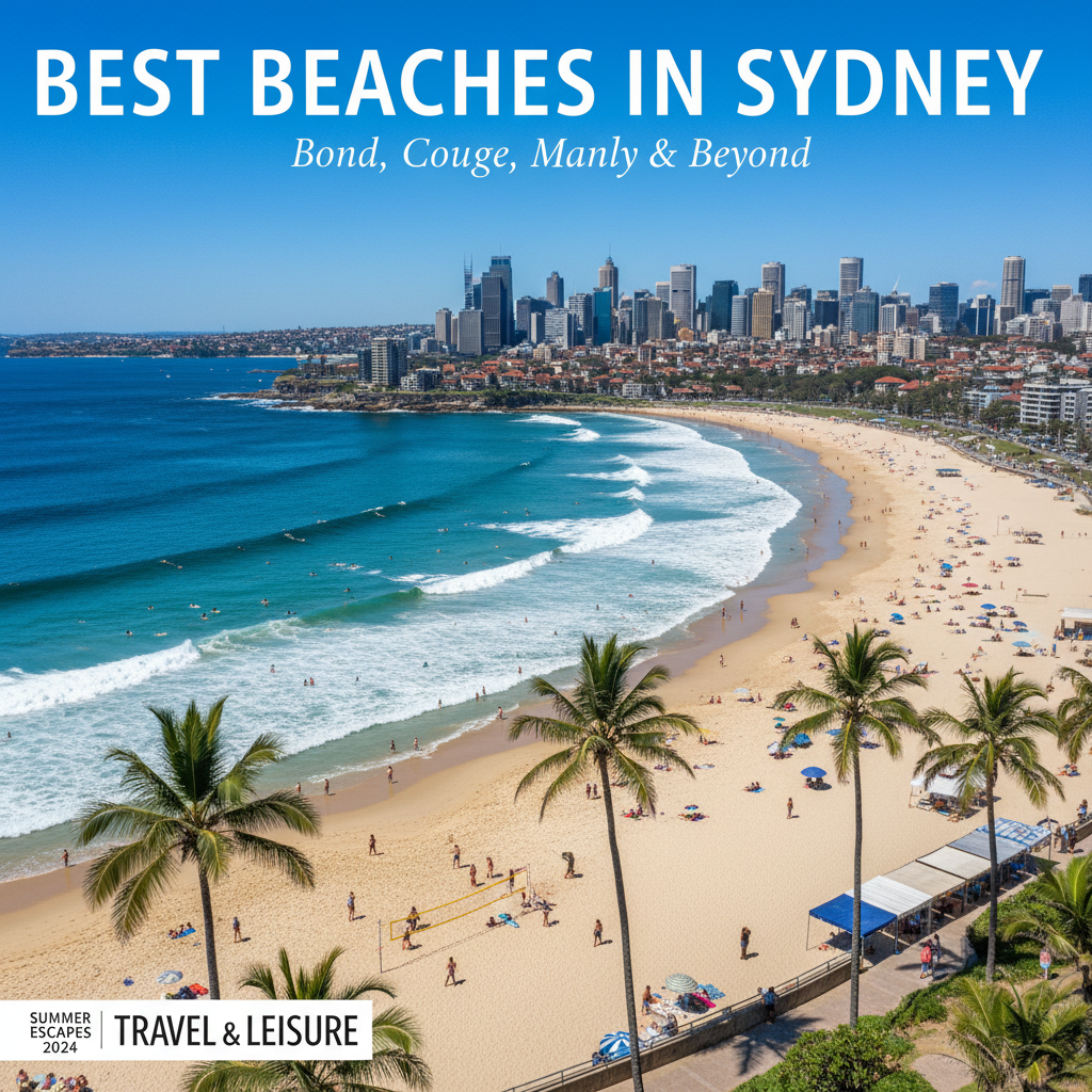 Sweeping aerial of Sydney’s top beaches, sunbathers, surfers, and city skyline on a travel magazine cover.