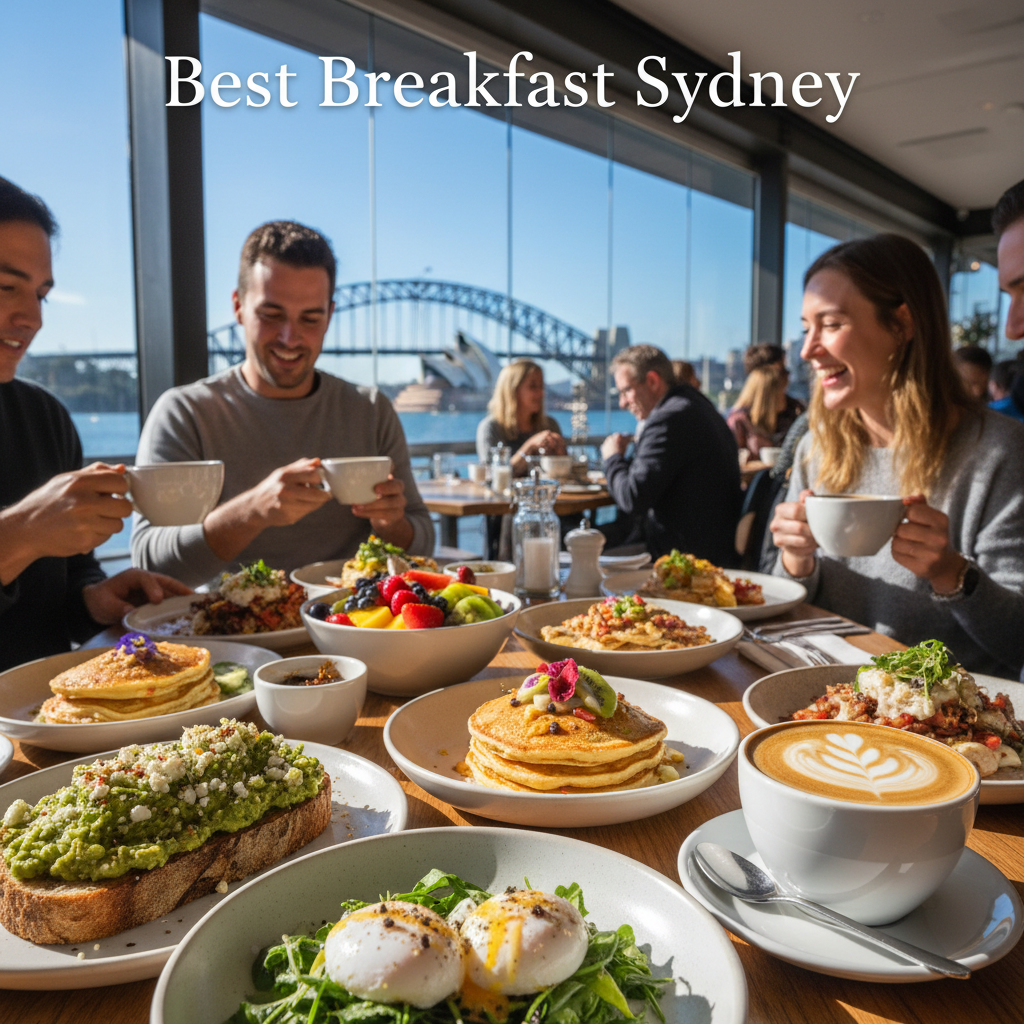 alt_text: A lively Sydney café showcasing artisanal breakfast dishes with city skyline views and vibrant ambiance.