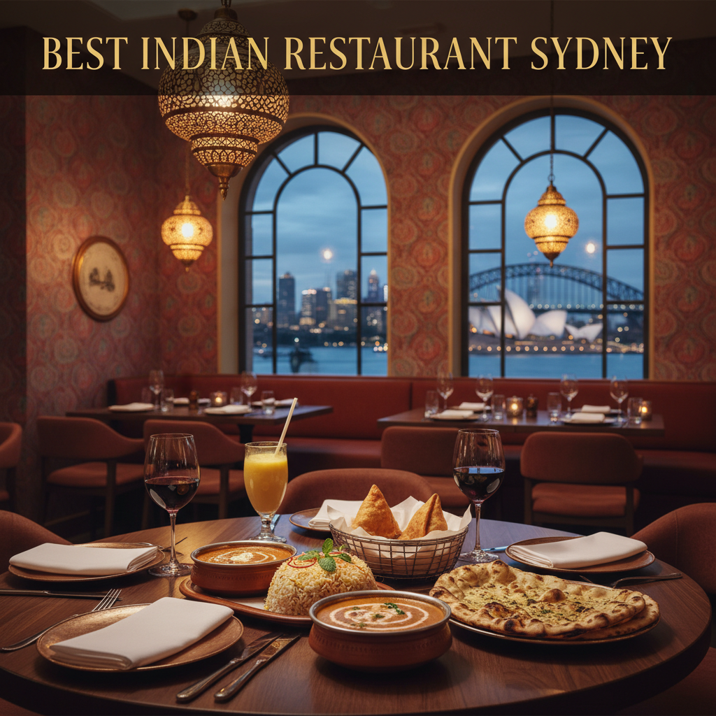 Elegant Indian restaurant interior with signature dishes and Sydney skyline, perfect for food lovers.