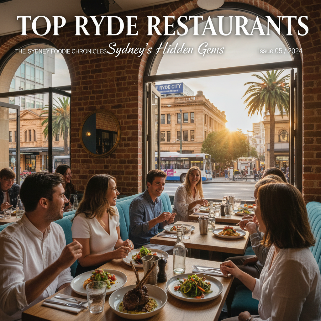 alt_text: Vibrant Top Ryde eatery scene with diverse diners, chic decor, modern food, and Sydney street views.