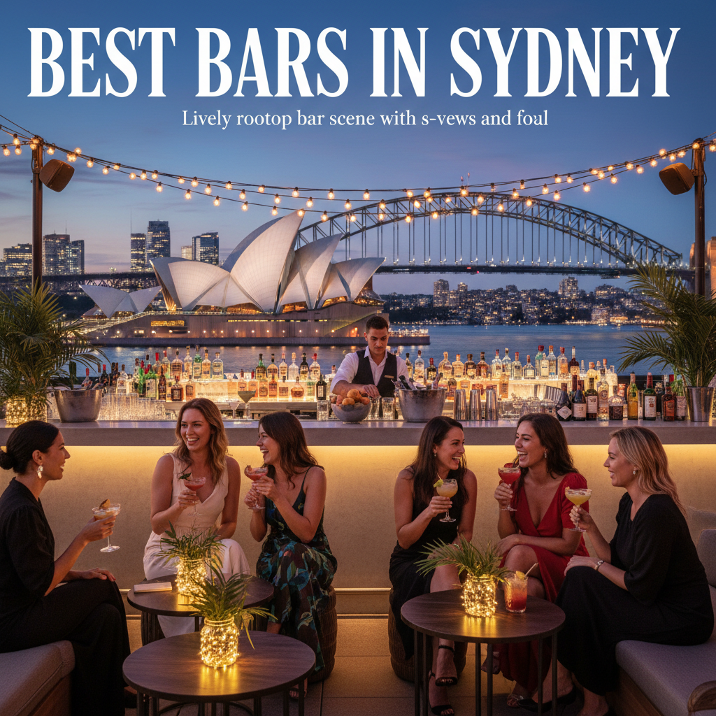 Best Bars in Sydney: Lively rooftop bar scene with cocktails, city views, and skyline at dusk