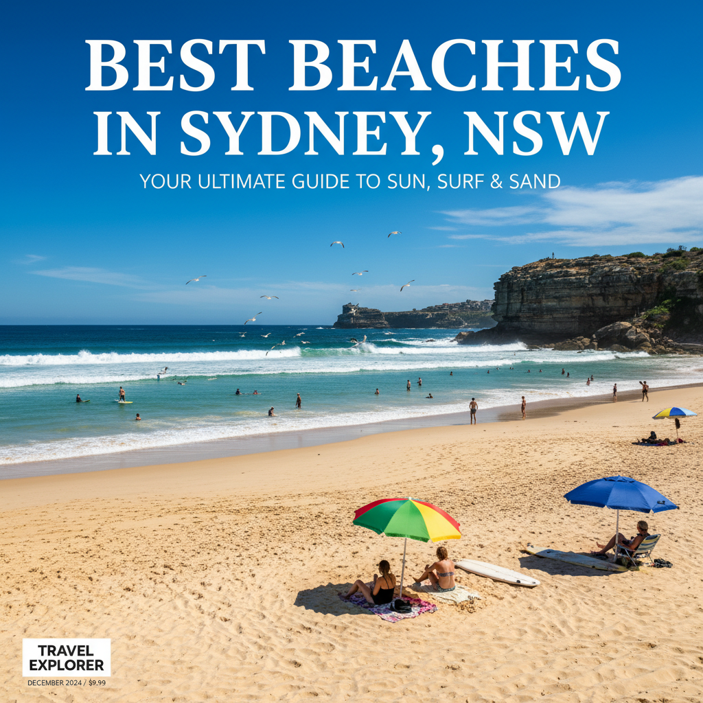 Sun-soaked Sydney beach with golden sands, turquoise waters, surfers, and iconic cliffs in view.