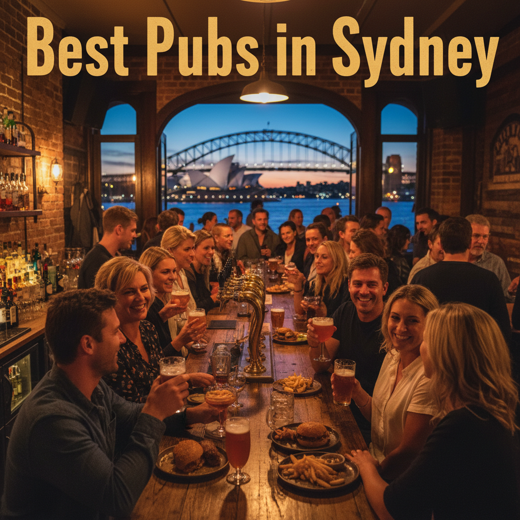 Best Pubs in Sydney: Lively bar scene with locals, iconic landmarks, and cozy rustic interiors at twilight.