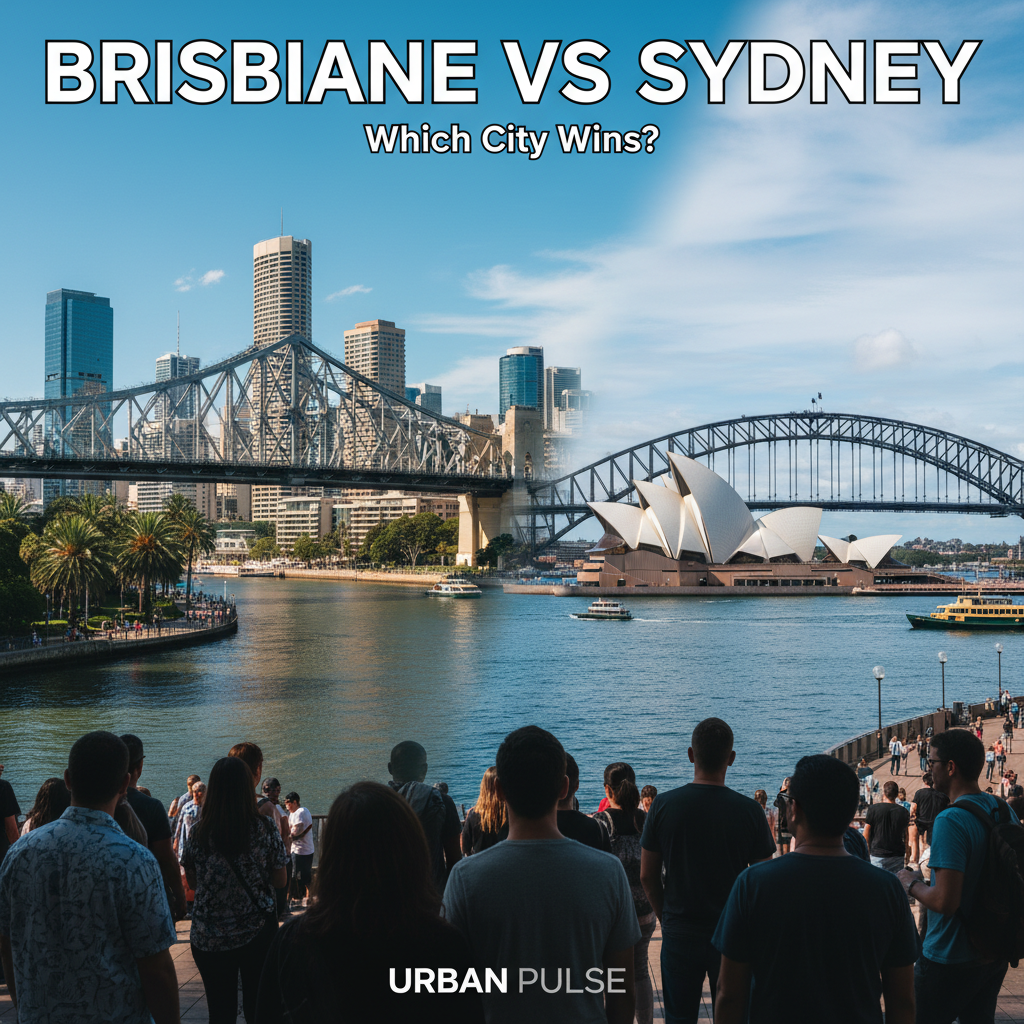 Brisbane and Sydney rival side by side, iconic landmarks and lively city life in a vibrant magazine cover.