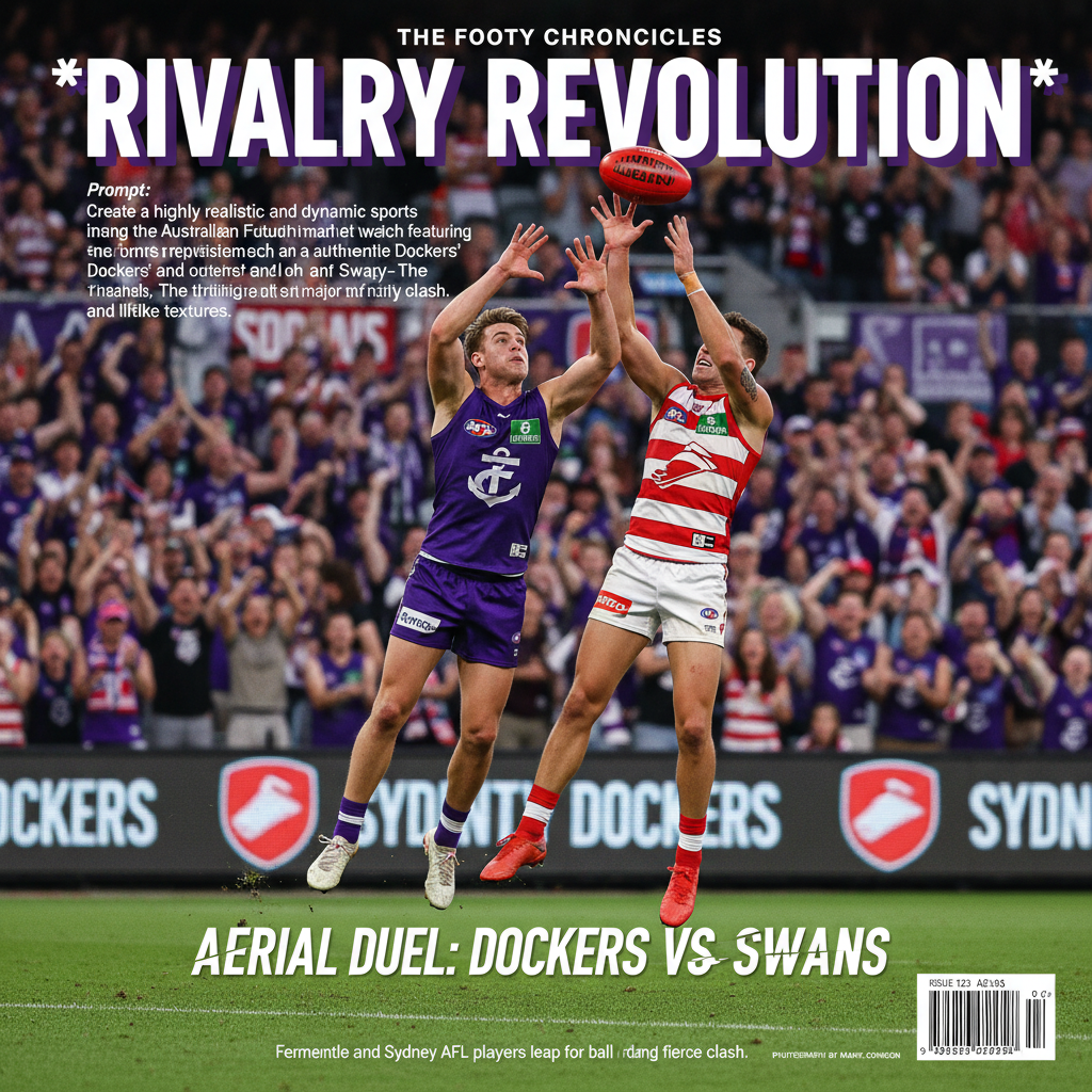 alt_text Fremantle and Sydney AFL players leap for the ball in a packed, vibrant stadium during a fierce clash.