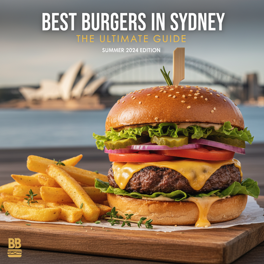 Gourmet burger and fries with Sydney landmarks, featuring "Best Burgers in Sydney" magazine cover.
