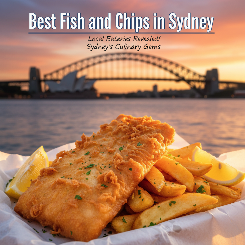 alt_text Golden fish and chips with lemon in Sydney, set against the Harbour Bridge and Opera House at sunset.