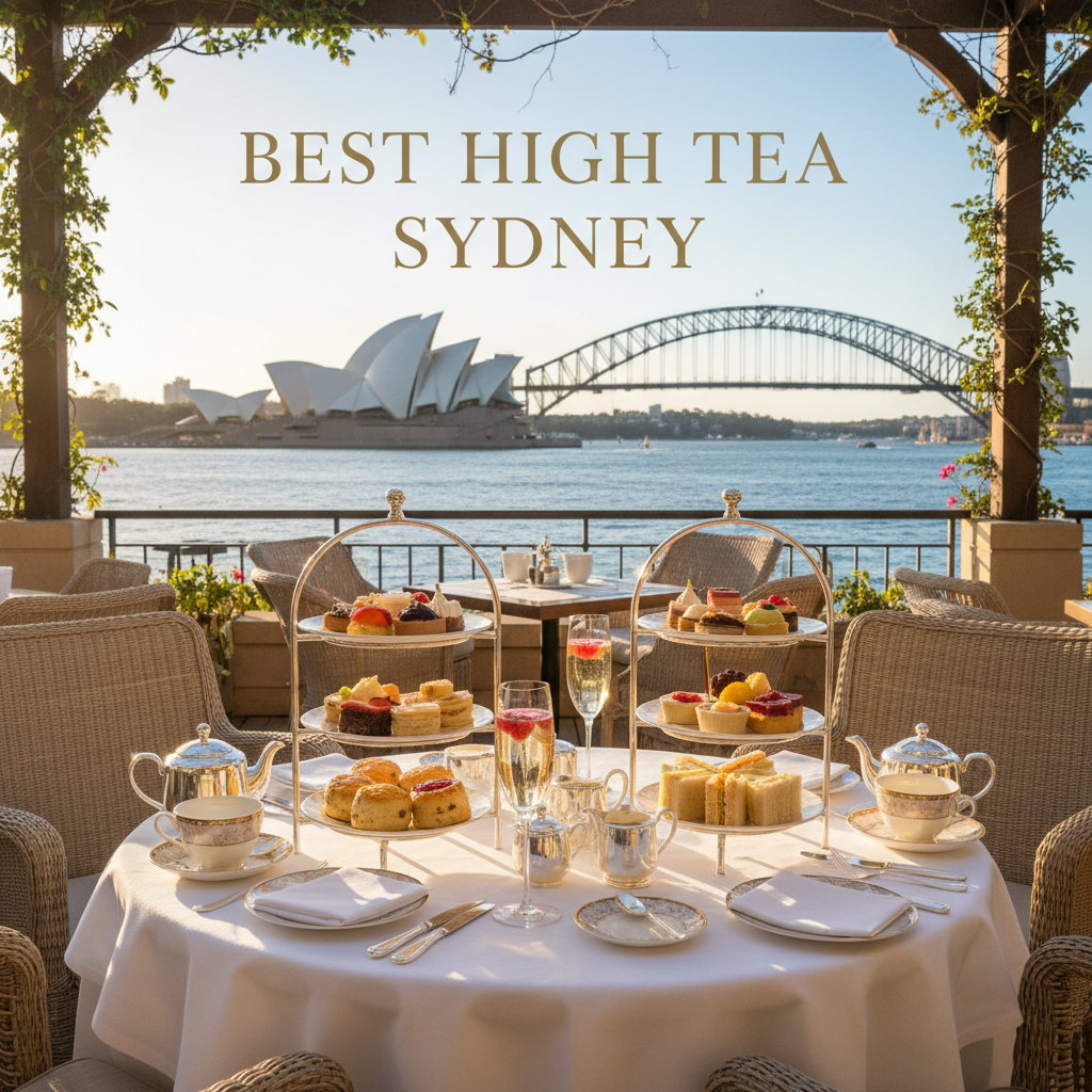 Elegant Sydney high tea on a terrace with scones, pastries, and a view of the Opera House.