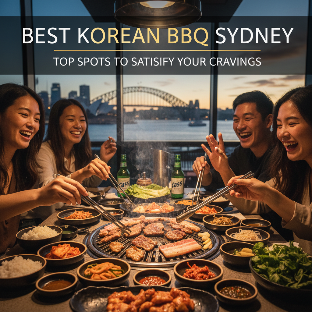 Friends enjoy a vibrant Korean BBQ feast with Sydney skyline views and bold “Best Korean BBQ Sydney” text.