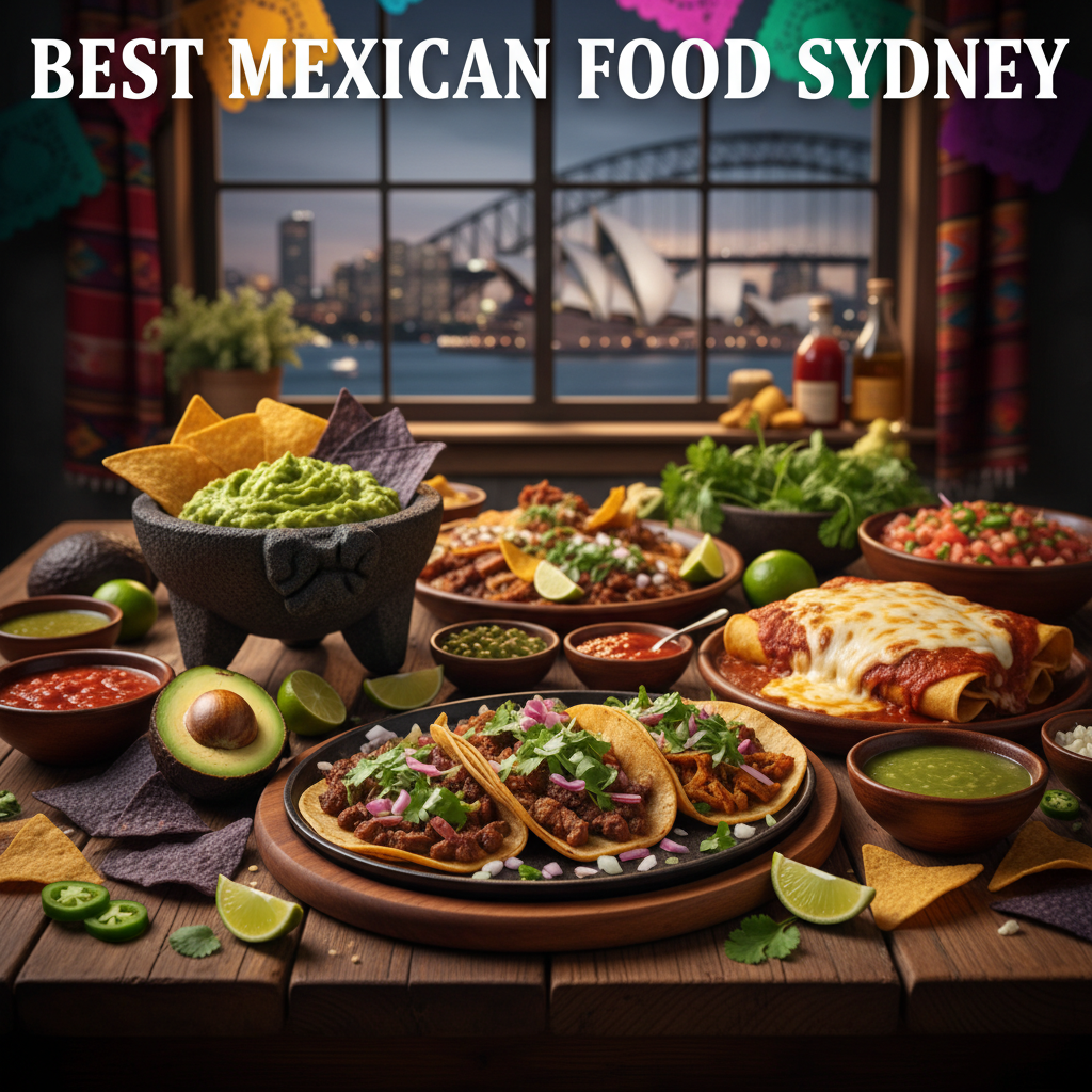 alt_text A vibrant spread of authentic Mexican dishes on a rustic table with Sydney city views in the background.