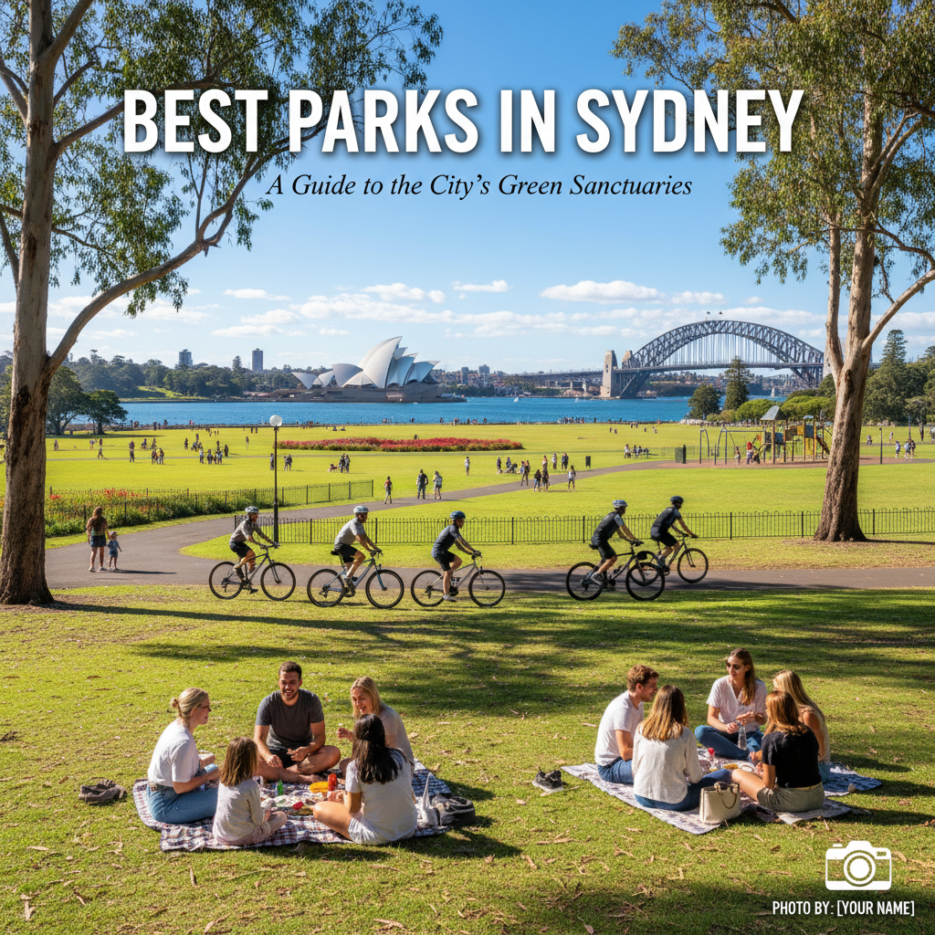 Vibrant Sydney parks with people, landmarks, and nature on a lively, photorealistic magazine cover.