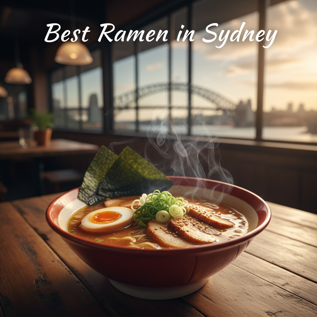 Best Ramen in Sydney cover: steaming ramen bowl, rich toppings, city landmark view, warm ambiance