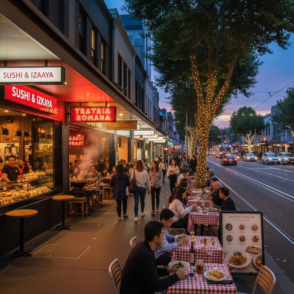 Vibrant Chatswood street with diverse restaurants, glowing lights, and people enjoying various cuisines.