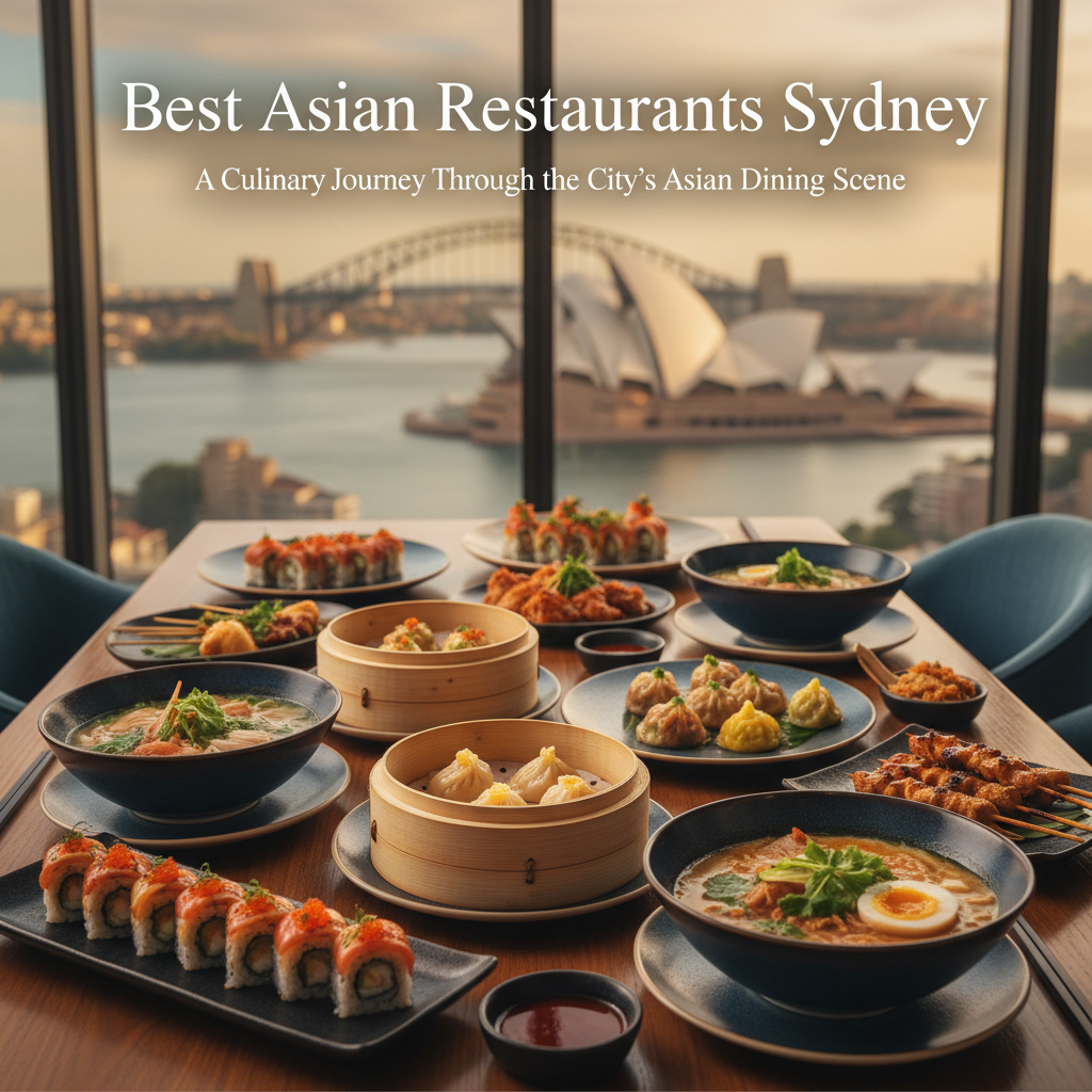 Mouthwatering Asian dishes arranged in a chic Sydney restaurant with skyline and Opera House views.