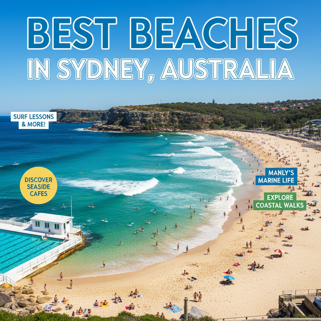 alt_text Vibrant Sydney beach scene with surfers, sunbathers, Bondi’s pool, and Manly’s coastal beauty.