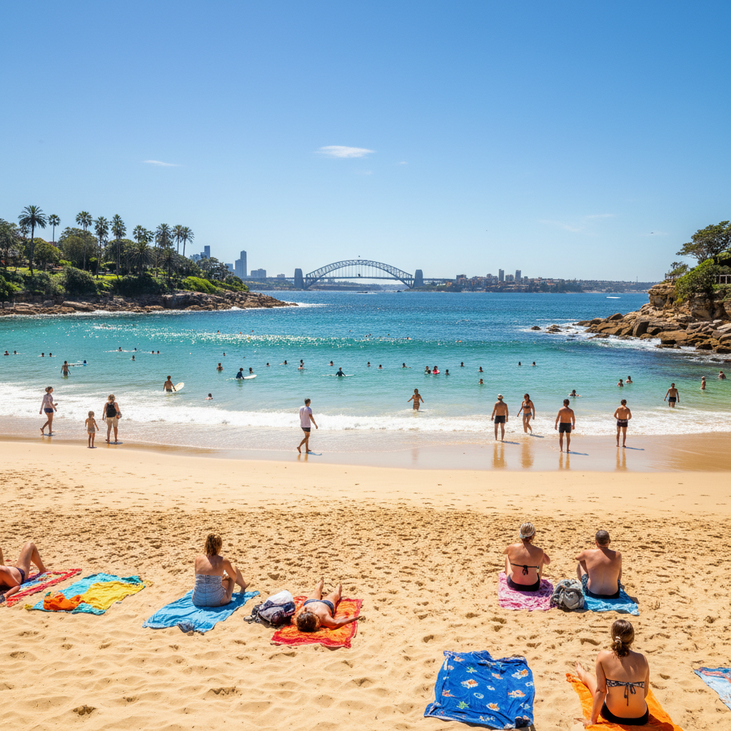 Sunlit Sydney beach with golden sand, swimmers, surfers, palm trees, and skyline in the background.