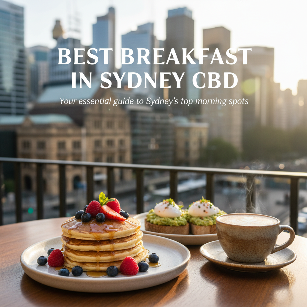 alt_text A stylish café breakfast spread with pancakes, avocado toast, and coffee against Sydney CBD's skyline.