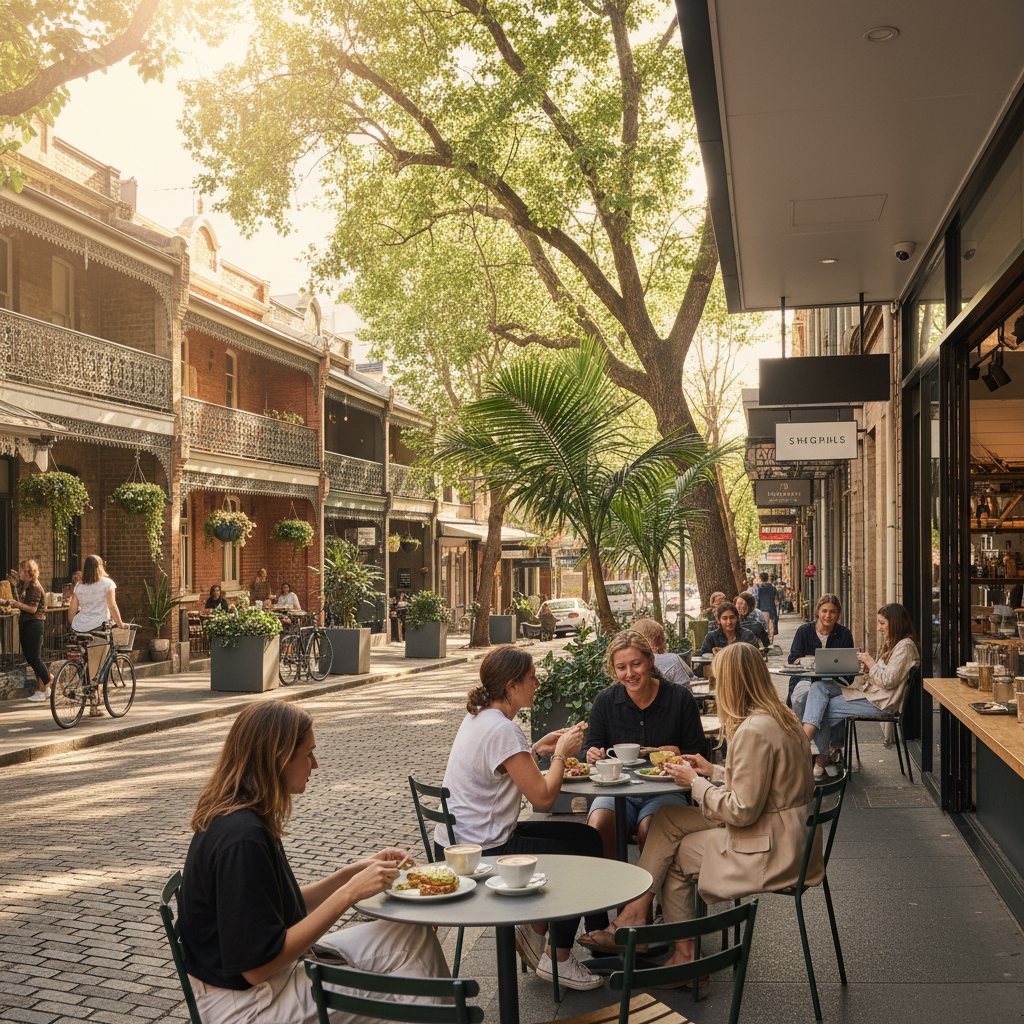alt_text A lively Surry Hills street with chic cafes, outdoor brunchers, terrace houses, and leafy greenery.