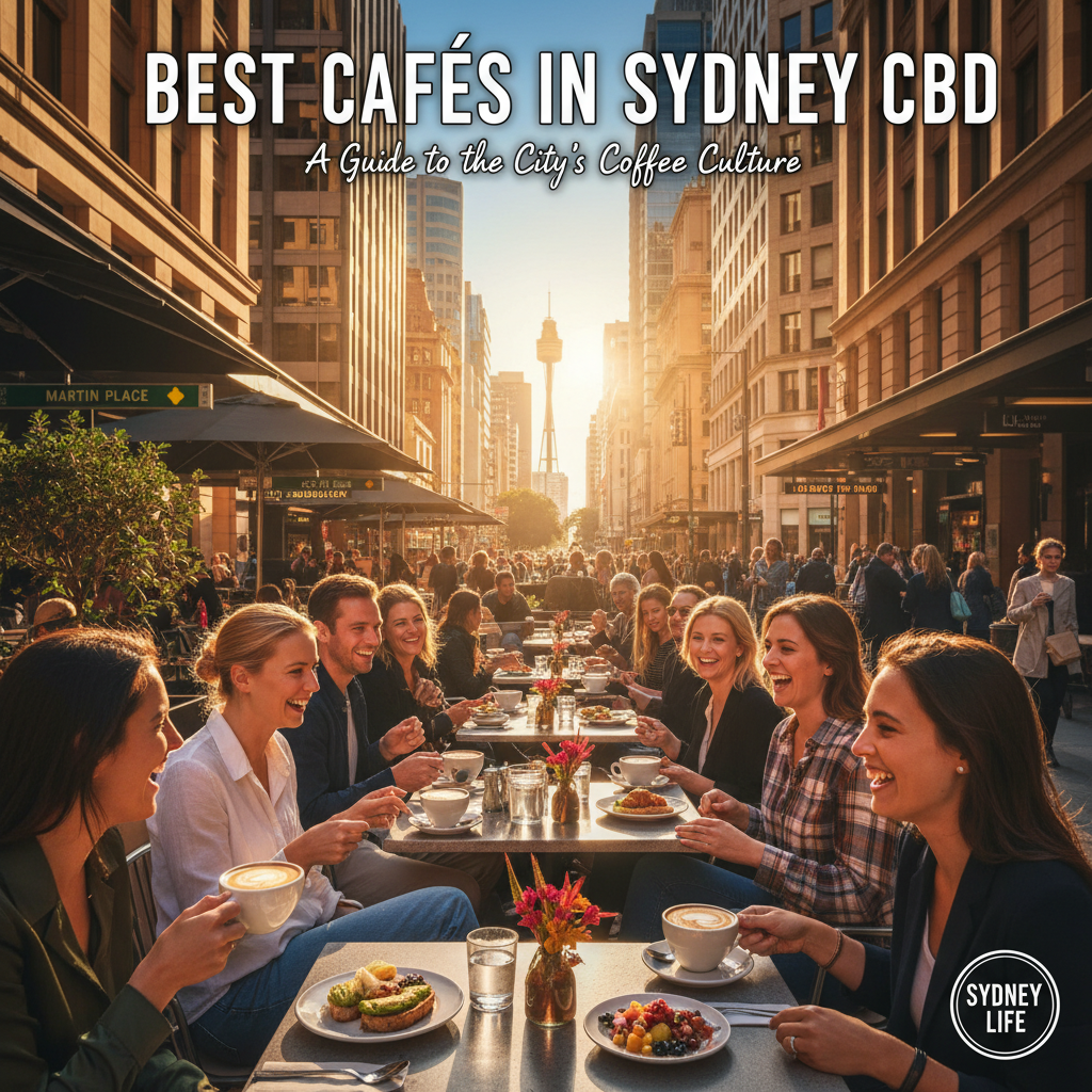 alt_text People enjoying outdoor cafes on a sunny Sydney CBD street with iconic city landmarks in the background.