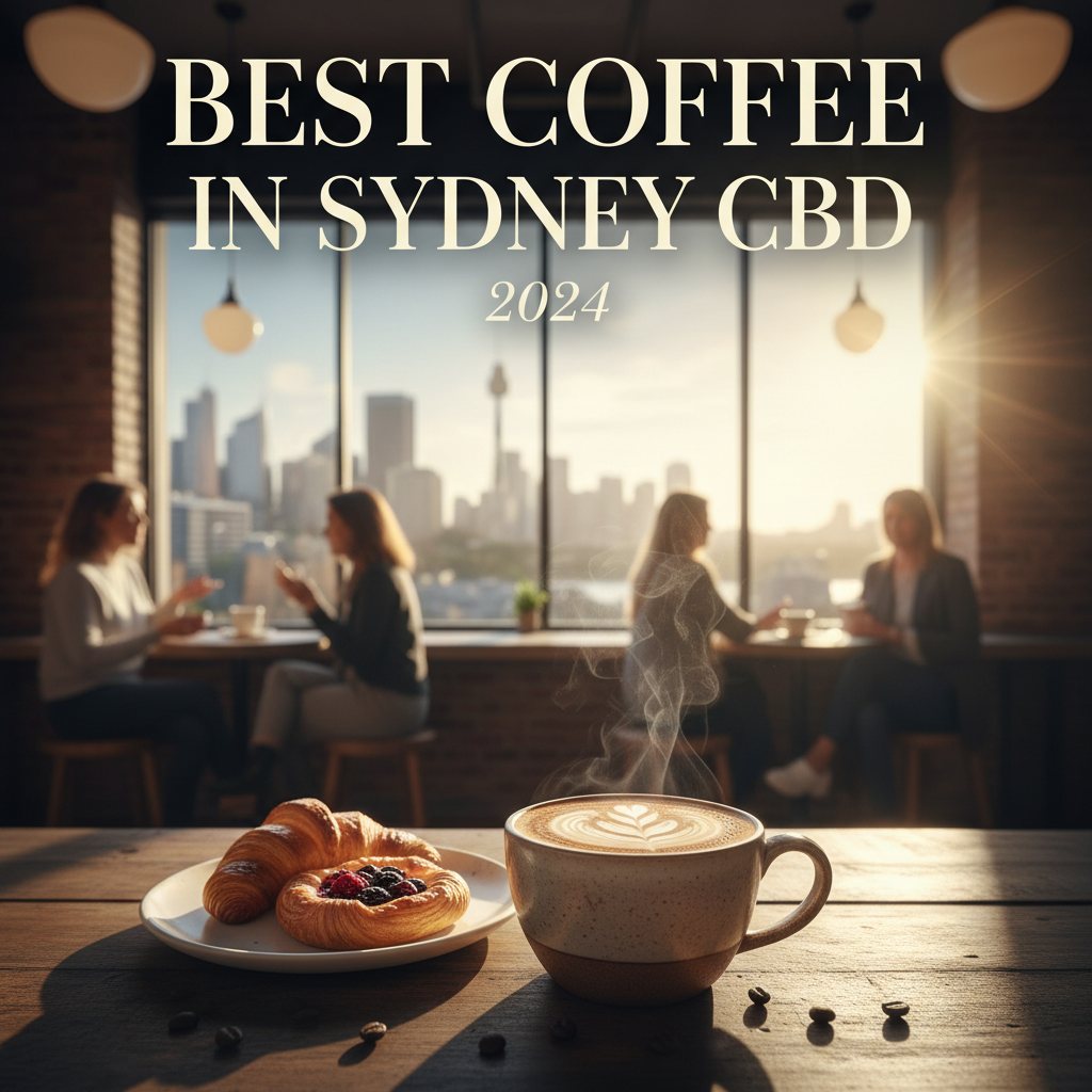 Best Coffee in Sydney CBD 2024: Artisan latte, pastries, chic café, skyline view, warm morning vibes