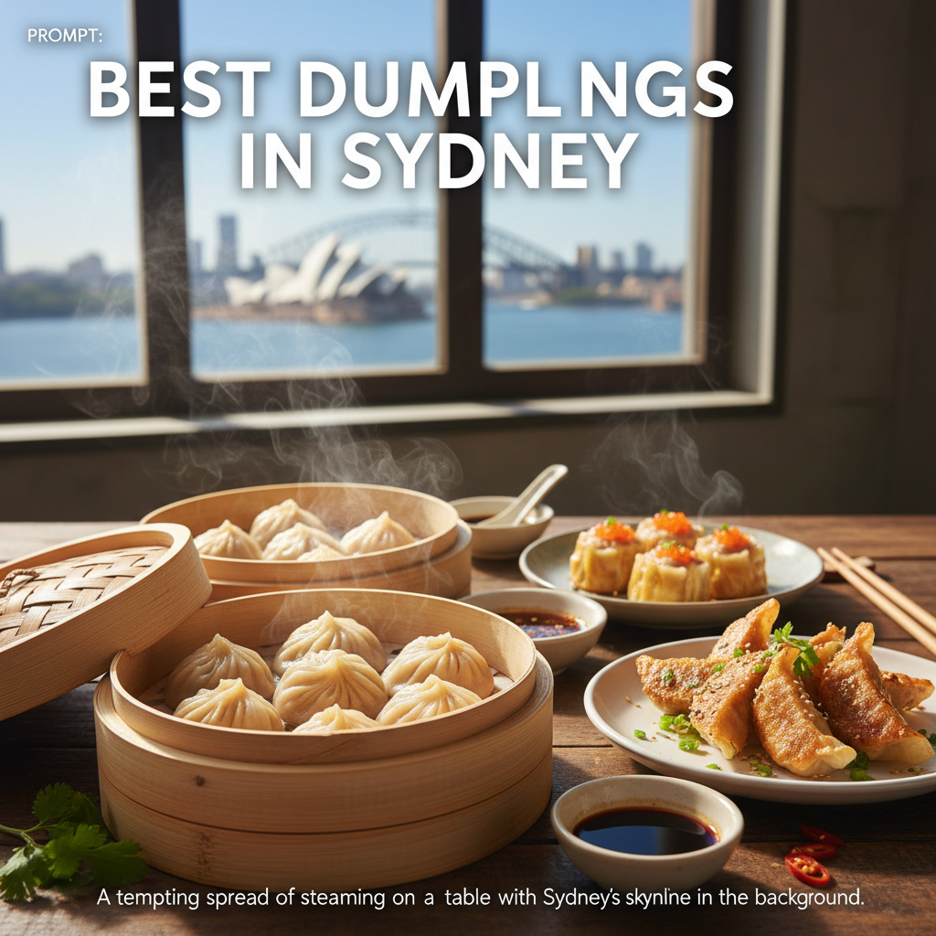 A tempting spread of steaming dumplings on a table with Sydney’s skyline in the background.
