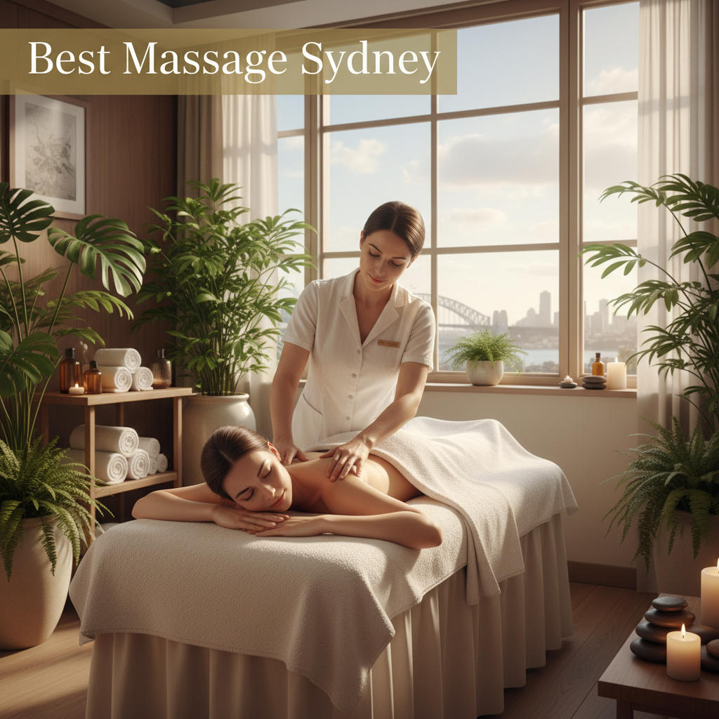 A tranquil Sydney spa scene with a massage in progress, lush plants, and "Best Massage Sydney" text.
