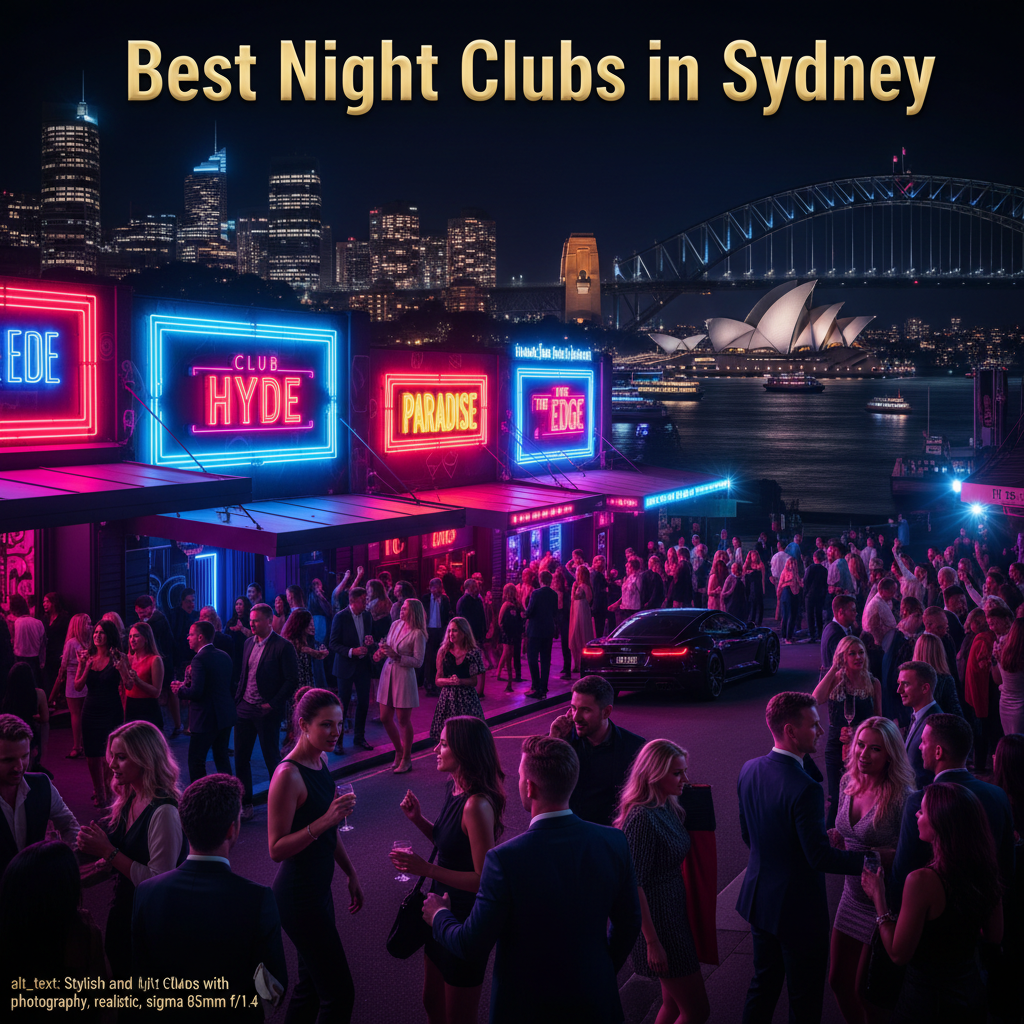 alt_text: Stylish crowd and neon-lit Sydney nightclubs with city lights and iconic landmarks in the background