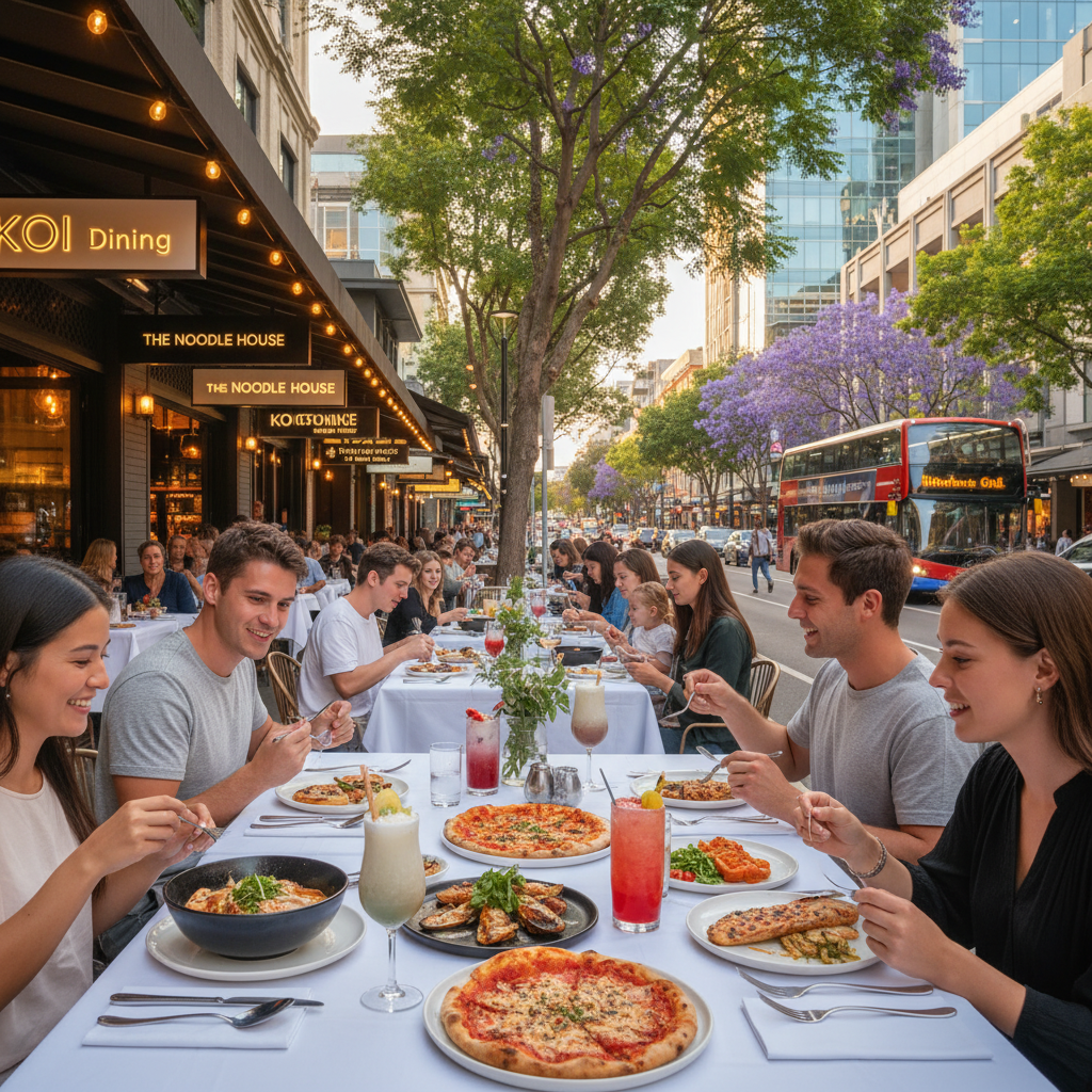 Vibrant Chatswood street with diverse restaurants, outdoor dining, happy people, and local landmarks.