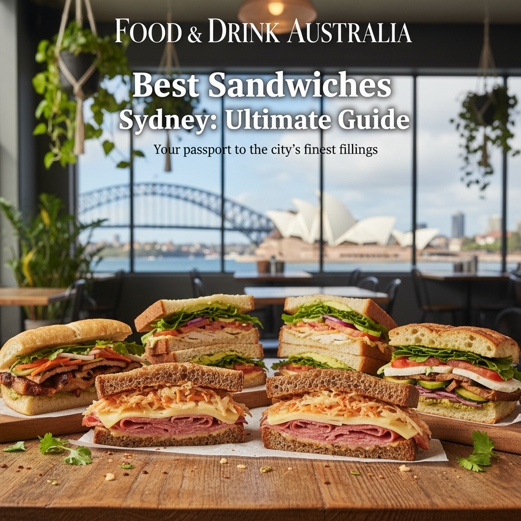 alt_text: Mouthwatering gourmet sandwiches on a stylish café table, Sydney skyline in view, magazine cover.