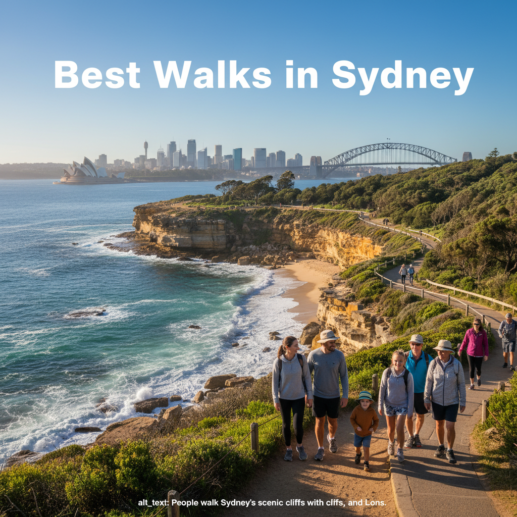alt_text People walk along Sydney’s scenic coast with cliffs, ocean, city skyline, Opera House, and Harbour Bridge.
