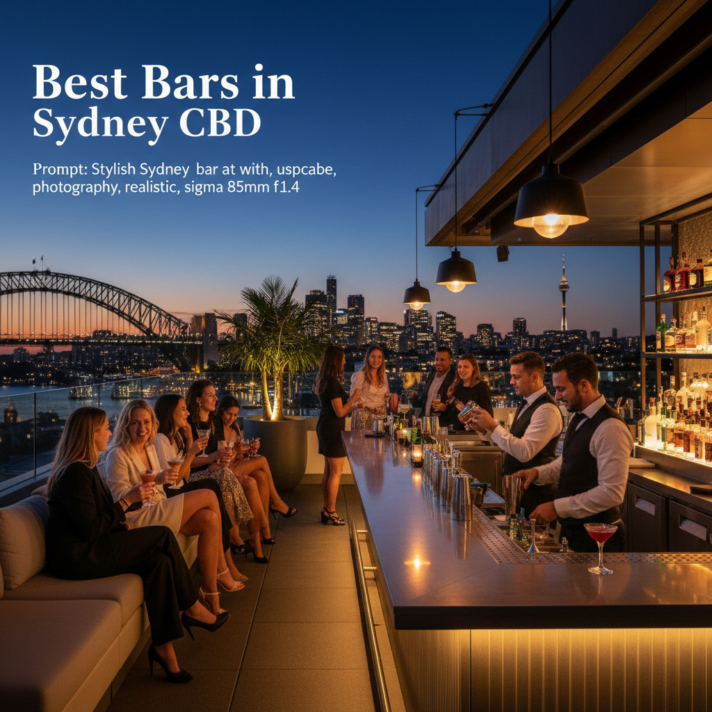 alt_text: Stylish Sydney rooftop bar at night with city views, cocktails, and a lively, upscale atmosphere.