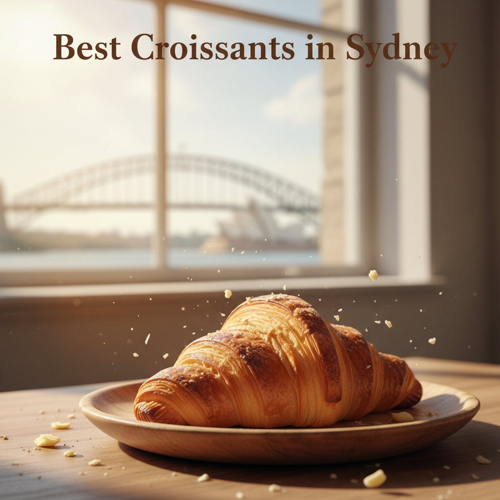 Best Croissants in Sydney—golden croissant on a plate in a sunny café with Sydney icons in background.