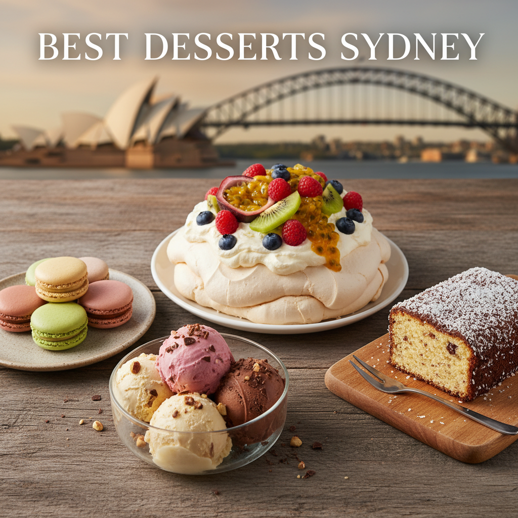 Sydney’s best desserts: pavlova, macarons, gelato, and Lamington with city icons in the background.