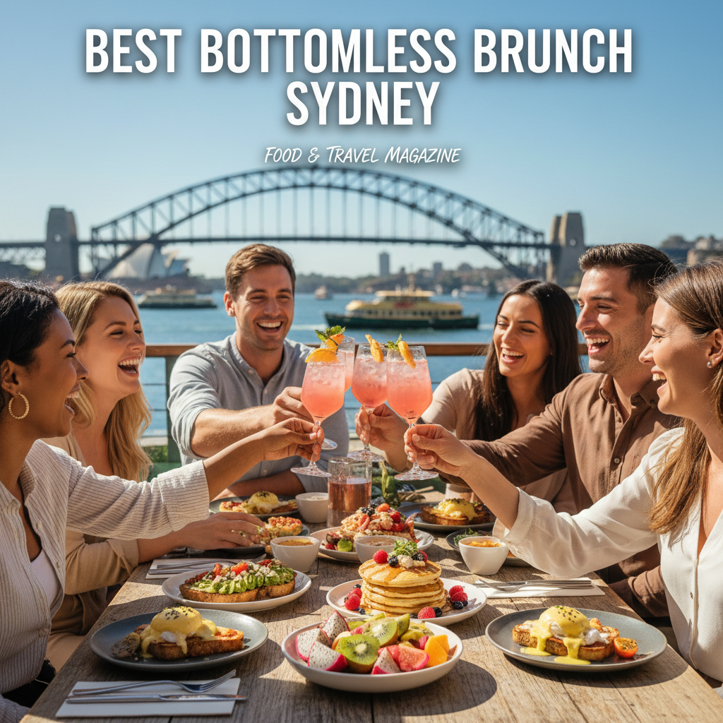 alt_text: Friends enjoy gourmet brunch and cocktails on a sunny Sydney cafe terrace with skyline views.