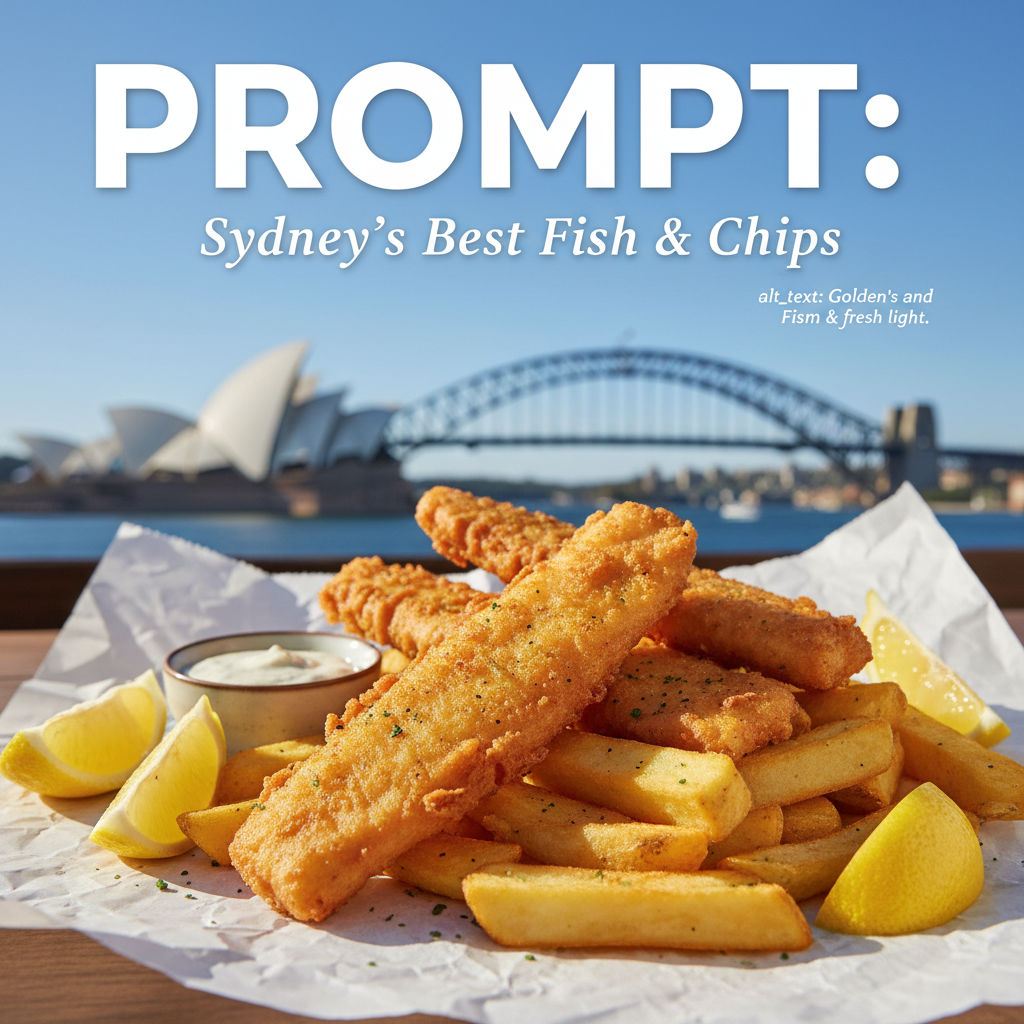 alt_text Golden fish and chips on paper with lemon, overlooking Sydney Harbour Bridge in warm, fresh light.