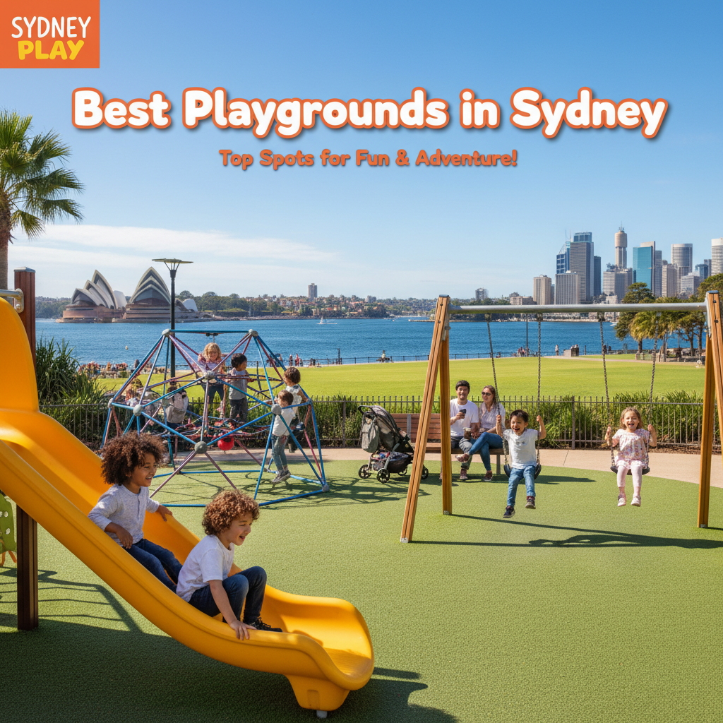 Kids play at a sunny Sydney playground with city views, colorful equipment, and happy families.