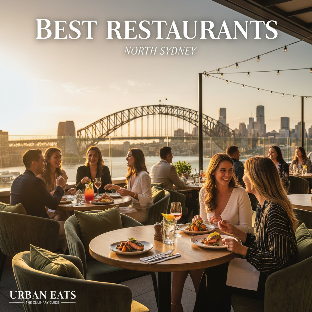 Best Restaurants: North Sydney—vibrant dining scene with diverse guests, stylish decor, and city skyline.
