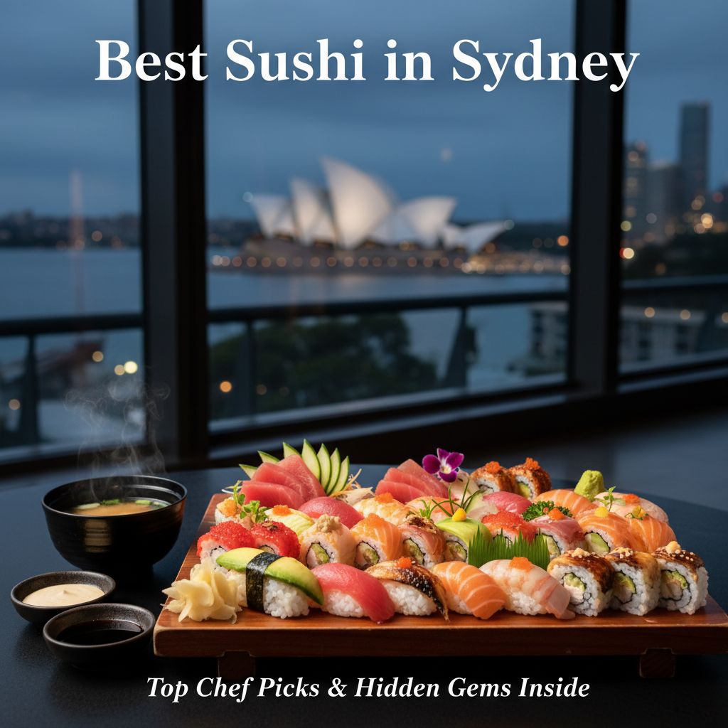 alt_text Elegant sushi platter with Sydney skyline and Opera House, highlighting top sushi spots in the city.