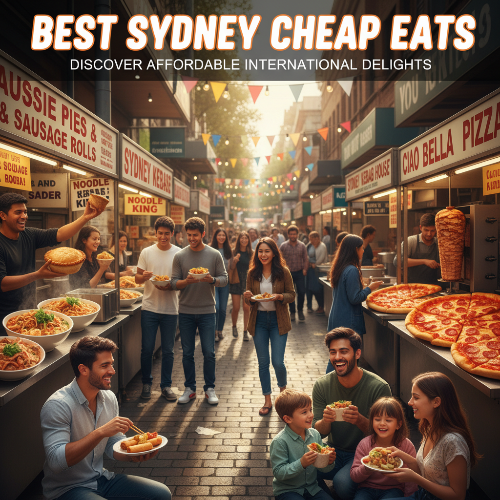 Bustling Sydney street market with diverse people enjoying affordable international street food delights.