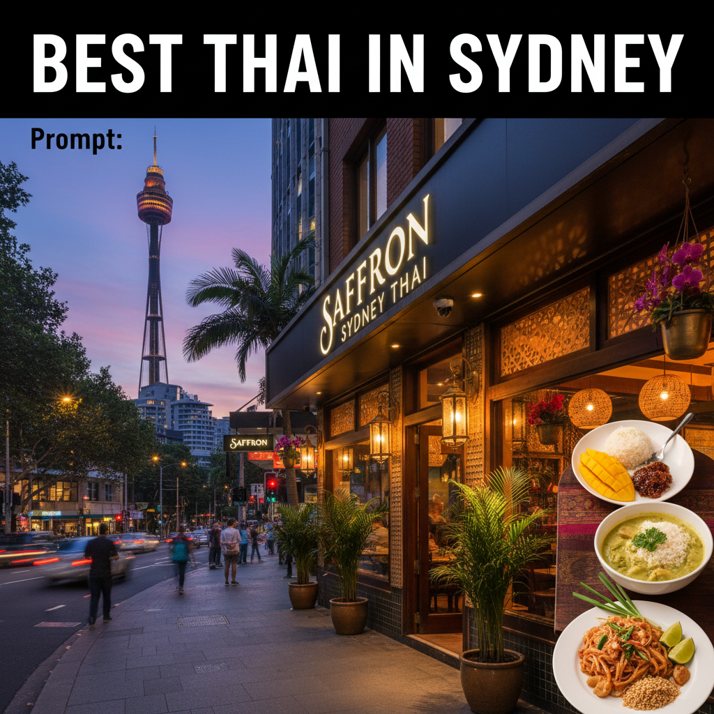 Bustling Thai restaurant in Sydney at sunset, glowing with food, decor, and the city skyline behind.