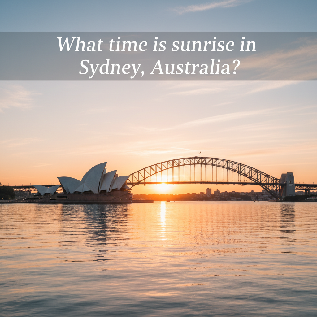 Sunrise over Sydney Opera House and Harbour Bridge with “What time is sunrise in Sydney?” text.