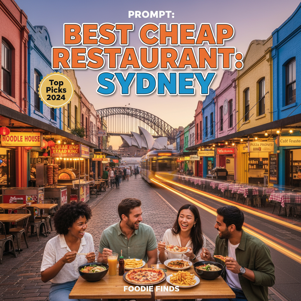Best Cheap Restaurants: Sydney—diverse friends enjoy tasty eats on a vibrant street with city icons.