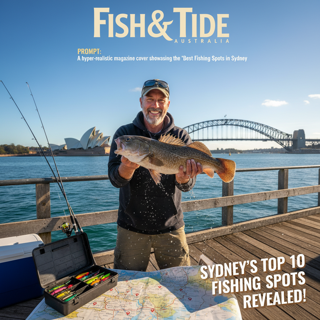 alt_text: Smiling angler on Sydney Harbour pier with Opera House, fish, gear, and "Top 10 Fishing Spots" text.