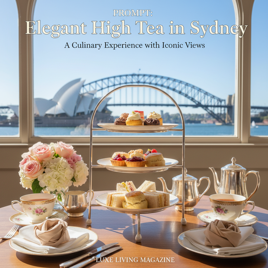 Elegant high tea in Sydney with pastries, fine china, and iconic Opera House and Harbour Bridge views.