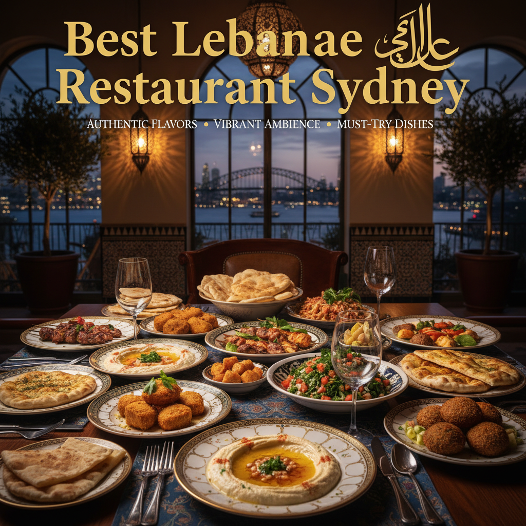 Best Lebanese Restaurant in Sydney magazine cover with vibrant dishes, city views, and elegant decor.