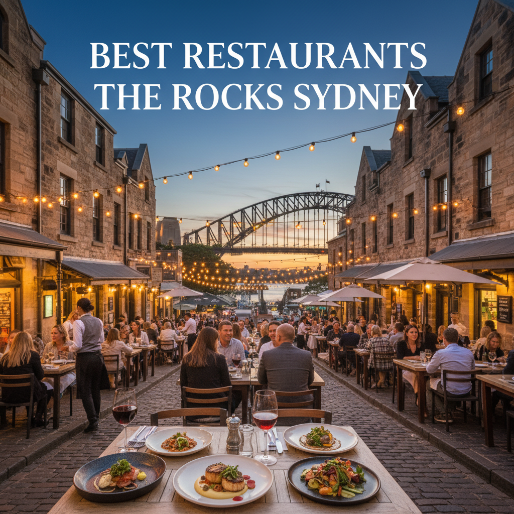 Lively dusk street scene in The Rocks, Sydney with dining terraces, cuisine, and Harbour Bridge view.