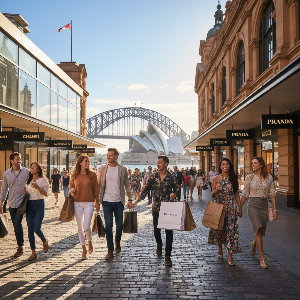 alt_text Stylish shoppers enjoy Sydney’s vibrant shopping districts with iconic landmarks in the lively background.